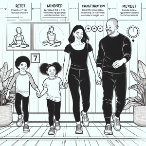 Illustration of Family on a walk in a Yoga studio setting, with a happy mood.