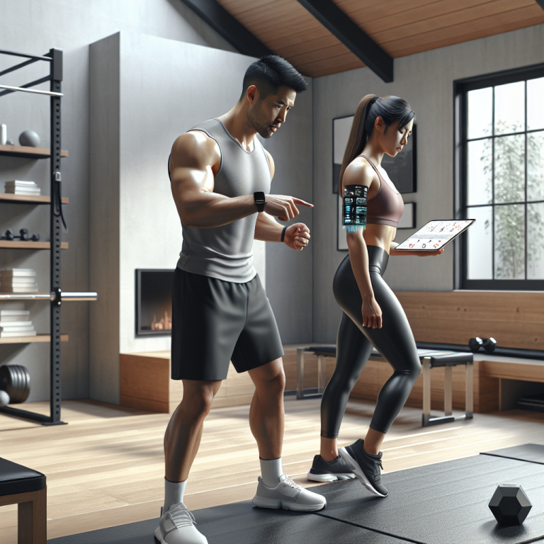 Illustration of Fitness coach guiding client in a Minimalist home gym setting, with a determined mood.