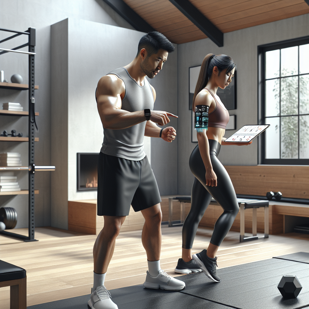 Illustration of Fitness coach guiding client in a Minimalist home gym setting, with a determined mood.