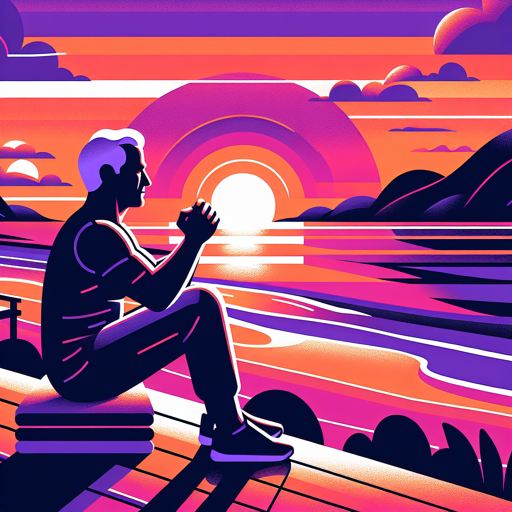 Illustration of Senior doing mobility exercise in a Beachfront sunrise setting, with a focused mood.