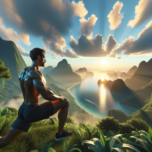 Illustration of Stretching before workout in a Scenic viewpoint setting, with a determined mood.