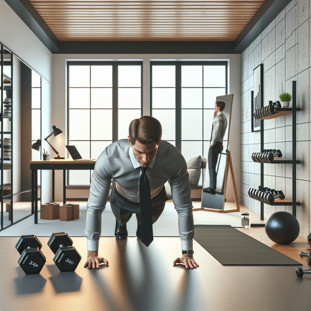 Illustration of Busy professional doing pushups in a Minimalist home gym setting, with a focused mood.