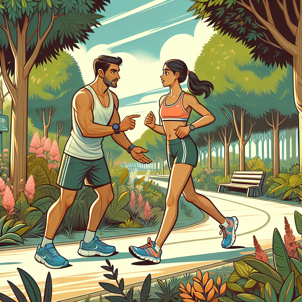 Illustration of Fitness coach guiding client in a Outdoor trail setting, with a happy mood.