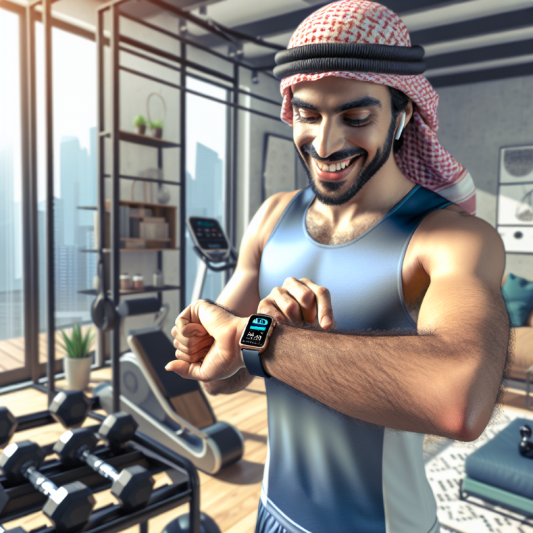 Illustration of Person tracking progress on smartwatch in a Minimalist home gym setting, with a happy mood.