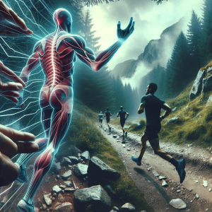 Illustration of Body composition scan in a Outdoor trail setting, with a determined mood.