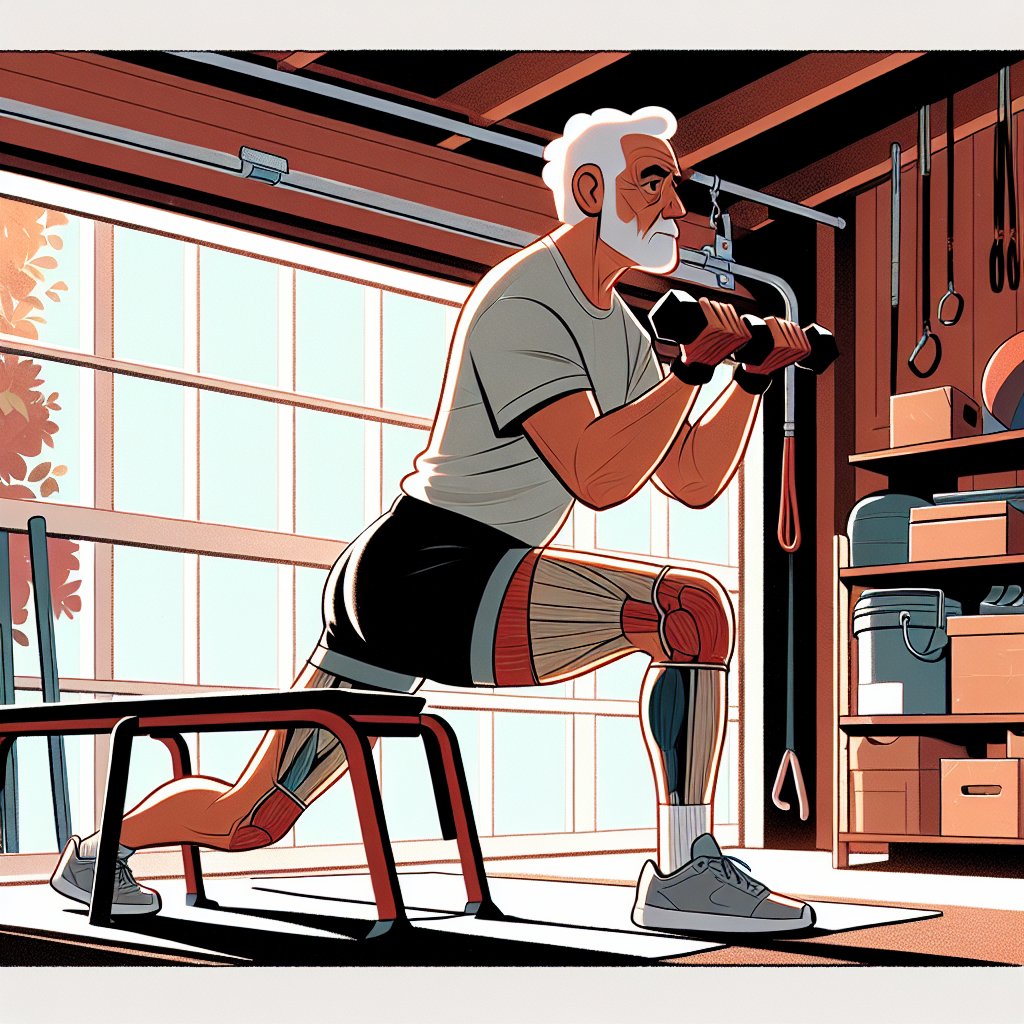 Illustration of Senior doing mobility exercise in a Garage gym setup setting, with a relaxed mood.