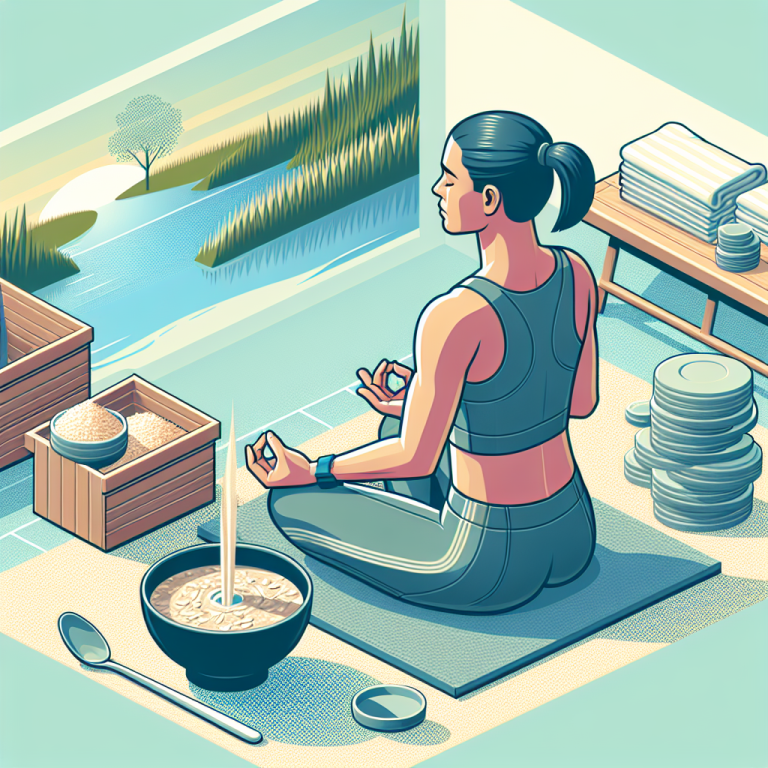 Illustration of Person meditating in a Wellness retreat setting setting, with a focused mood.