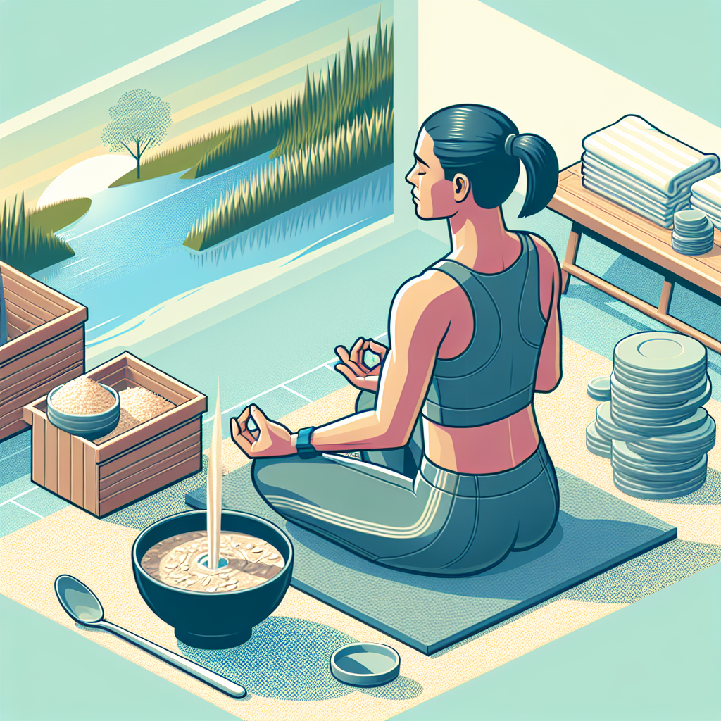 Illustration of Person meditating in a Wellness retreat setting setting, with a focused mood.