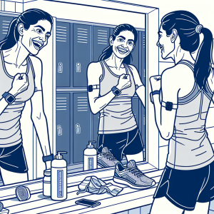 Illustration of Athlete checking mirror form in a Locker room setting, with a happy mood.