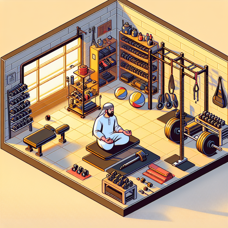 Illustration of Person meditating in a Garage gym setup setting, with a relaxed mood.