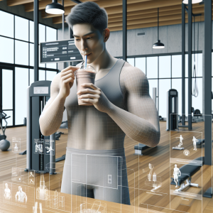 Illustration of Athlete drinking smoothie in a Gym interior setting, with a focused mood.