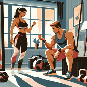 Illustration of Athlete checking mirror form in a Home workout space setting, with a relaxed mood.