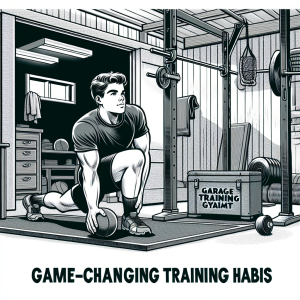 Illustration of Stretching before workout in a Garage gym setup setting, with a focused mood.