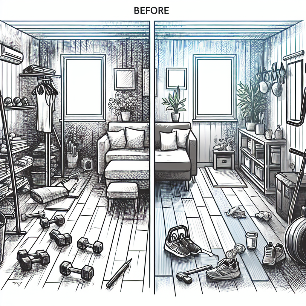 Illustration of Before-and-after transformation in a Home workout space setting, with a relaxed mood.