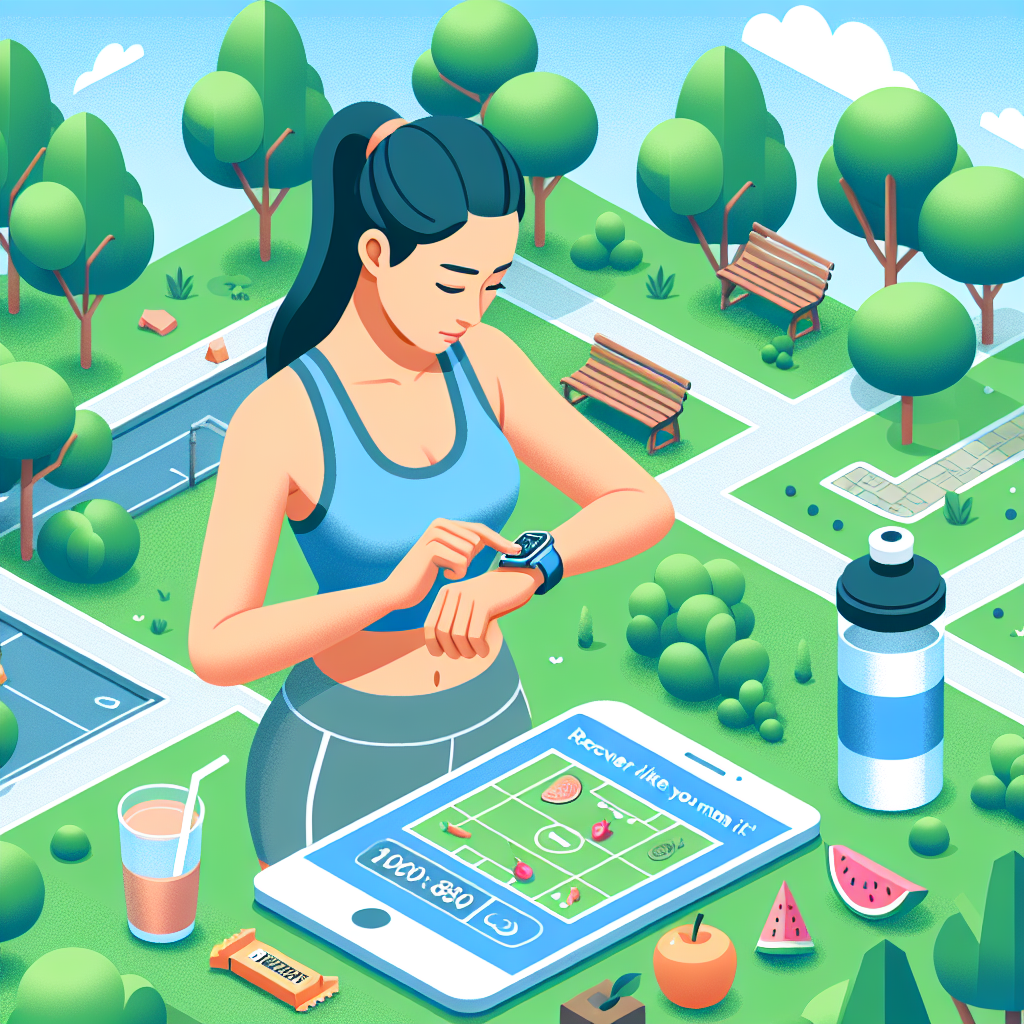 Illustration of Person tracking progress on smartwatch in a Park with trees setting, with a inspired mood.