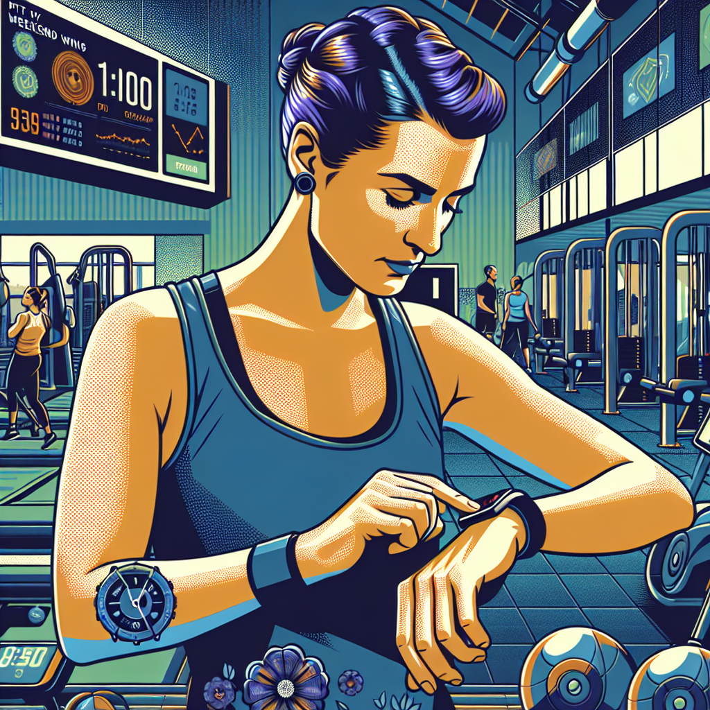 Illustration of Person tracking progress on smartwatch in a Gym interior setting, with a focused mood.
