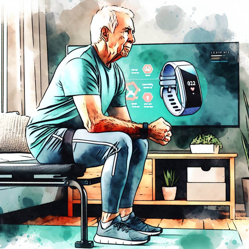 Illustration of Senior doing mobility exercise in a Home workout space setting, with a focused mood.