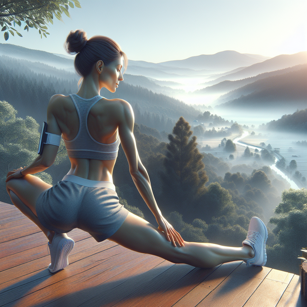 Illustration of Stretching before workout in a Scenic viewpoint setting, with a focused mood.
