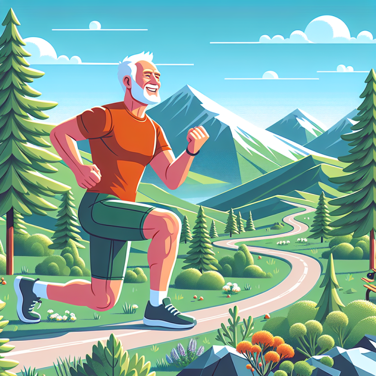 Illustration of Senior doing mobility exercise in a Mountain path setting, with a happy mood.