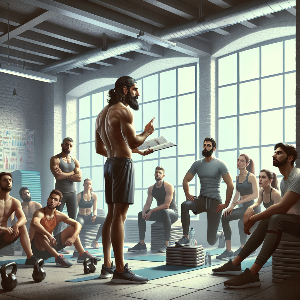 Illustration of Trainer giving advice in a Fitness class studio setting, with a determined mood.