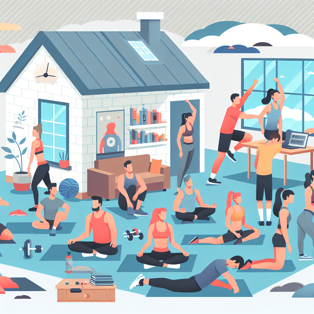 Illustration of Group fitness class in a Home workout space setting, with a relaxed mood.