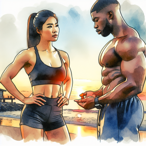 Illustration of Trainer giving advice in a Beachfront sunrise setting, with a inspired mood.