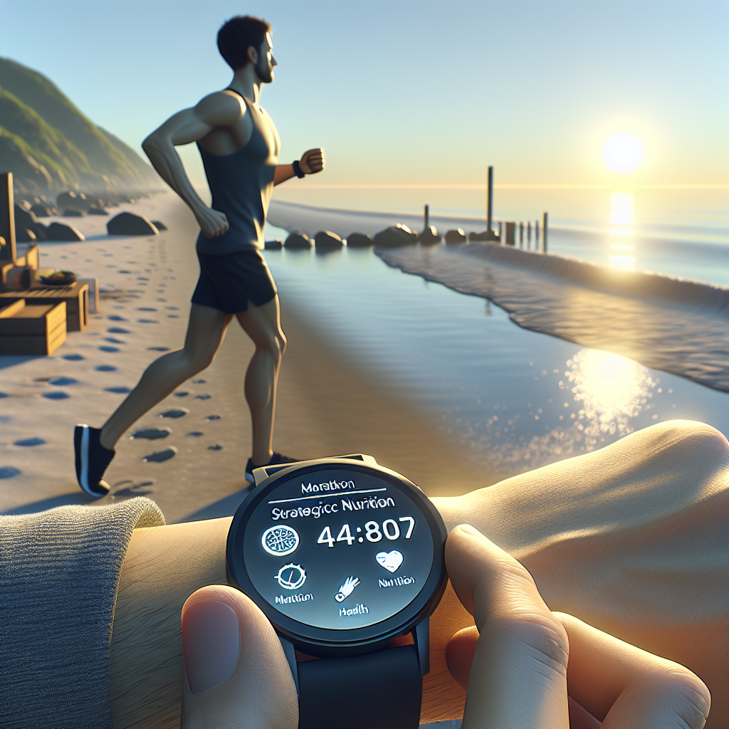 Illustration of Person tracking progress on smartwatch in a Beachfront sunrise setting, with a inspired mood.