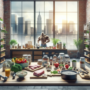 Illustration of Meal prep on kitchen counter in a Cityscape skyline setting, with a happy mood.