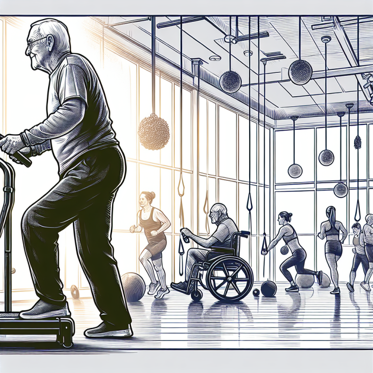 Illustration of Senior doing mobility exercise in a Gym interior setting, with a determined mood.