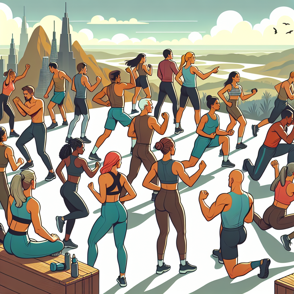 Illustration of Group fitness class in a Scenic viewpoint setting, with a focused mood.