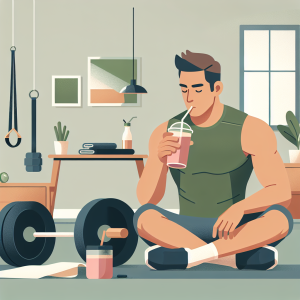 Illustration of Athlete drinking smoothie in a Minimalist home gym setting, with a determined mood.