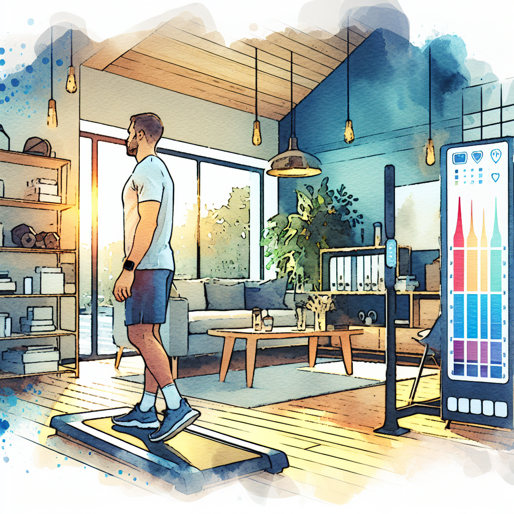 Illustration of Body composition scan in a Home workout space setting, with a happy mood.