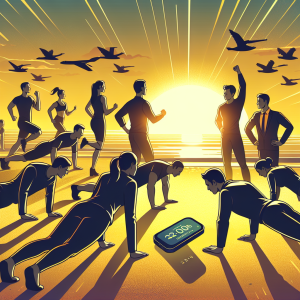 Illustration of Busy professional doing pushups in a Beachfront sunrise setting, with a inspired mood.