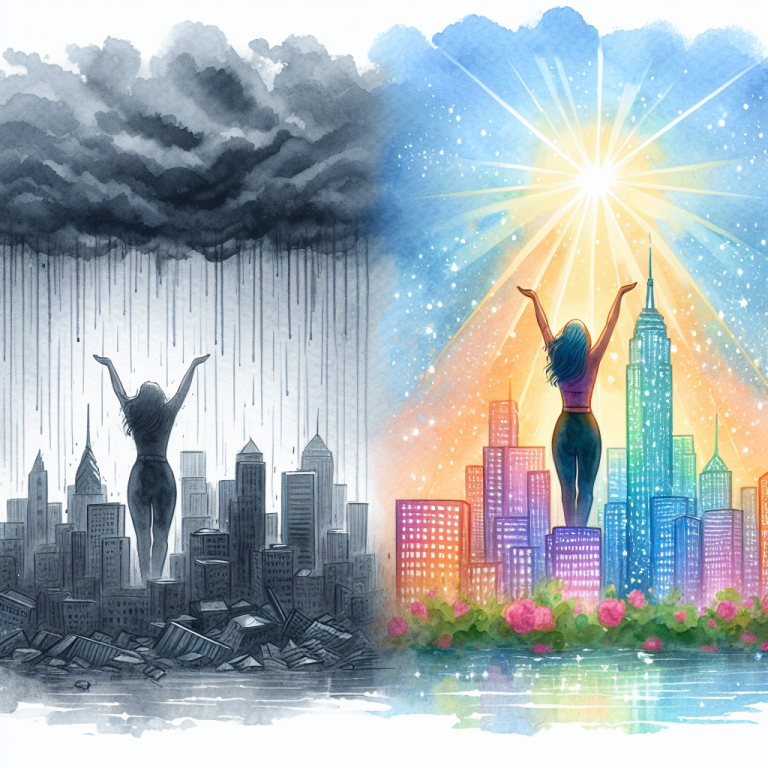 Illustration of Before-and-after transformation in a Cityscape skyline setting, with a inspired mood.