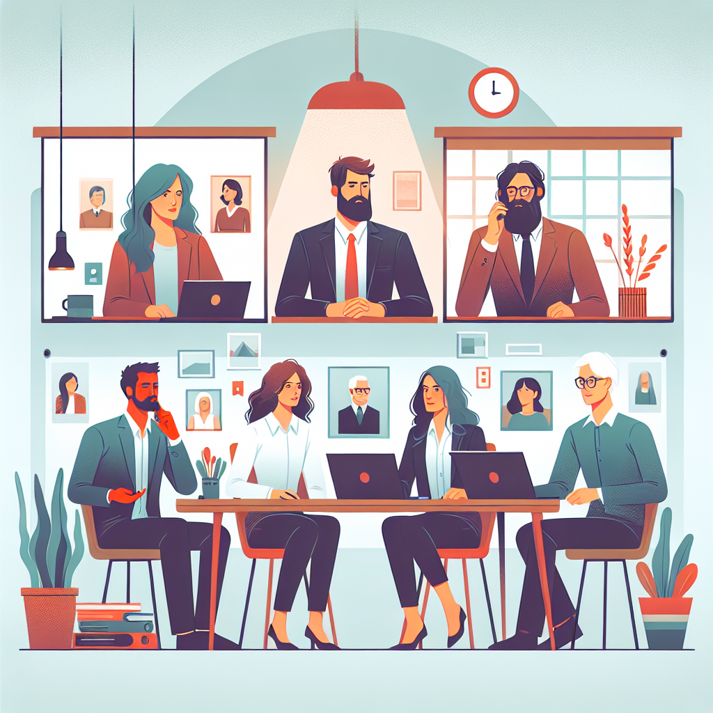 Illustration of Team on video call in a Home office setting, with a focused mood.