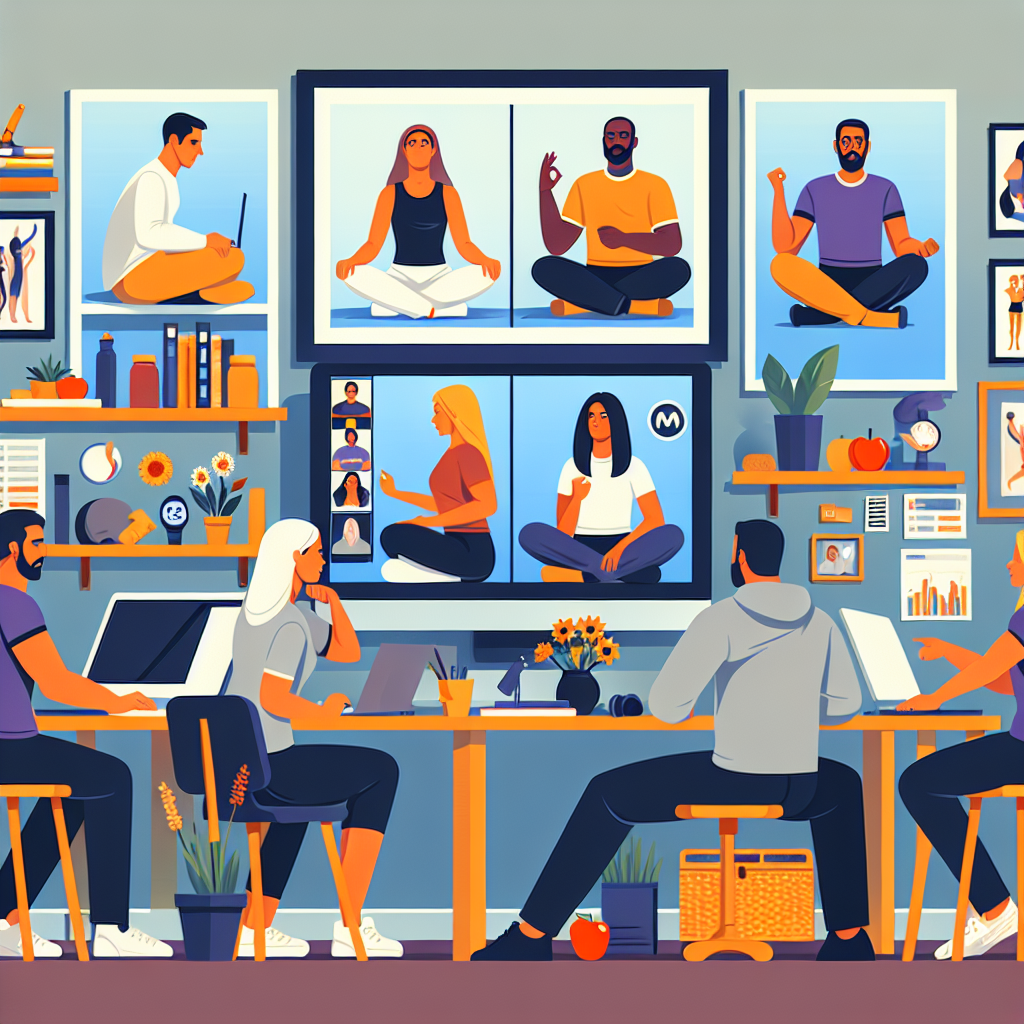 Illustration of Team on video call in a Home office setting, with a focused mood.