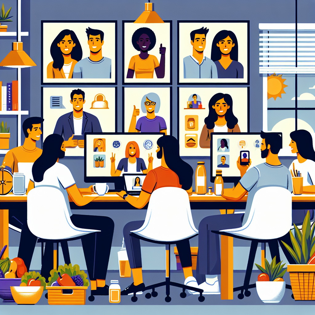 Illustration of Team on video call in a Home office setting, with a focused mood.