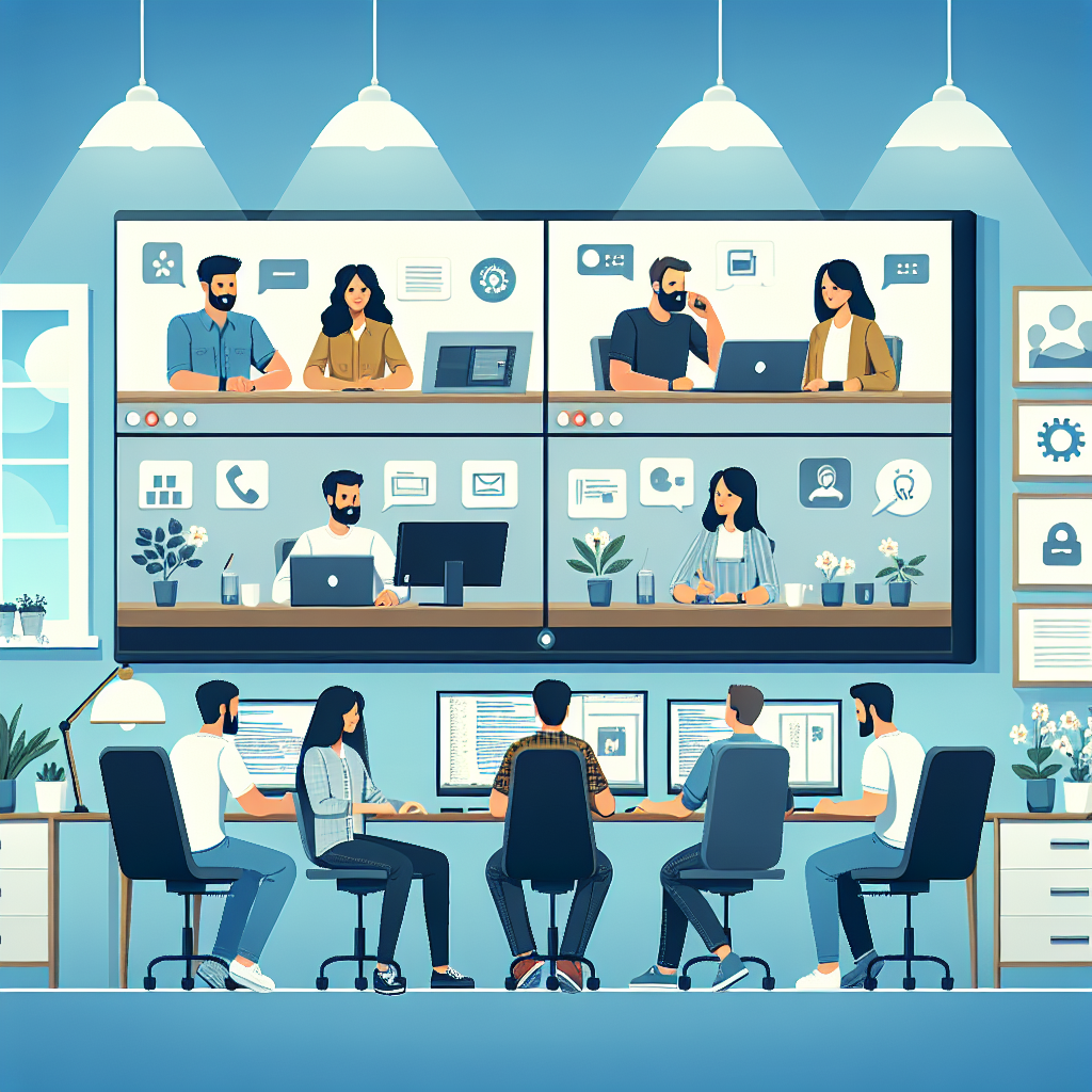 Illustration of Team on video call in a Home office setting, with a focused mood.