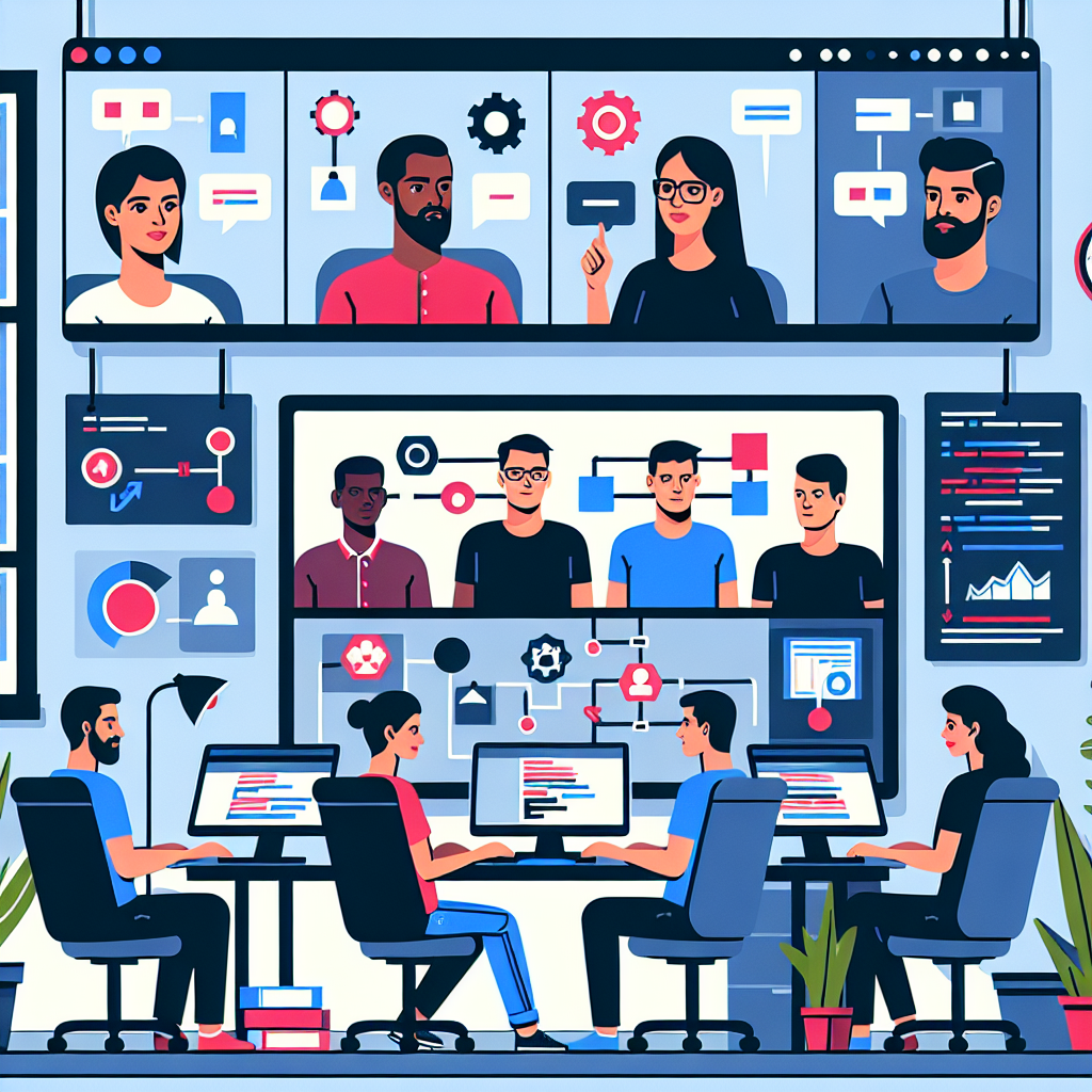 Illustration of Team on video call in a Home office setting, with a focused mood.