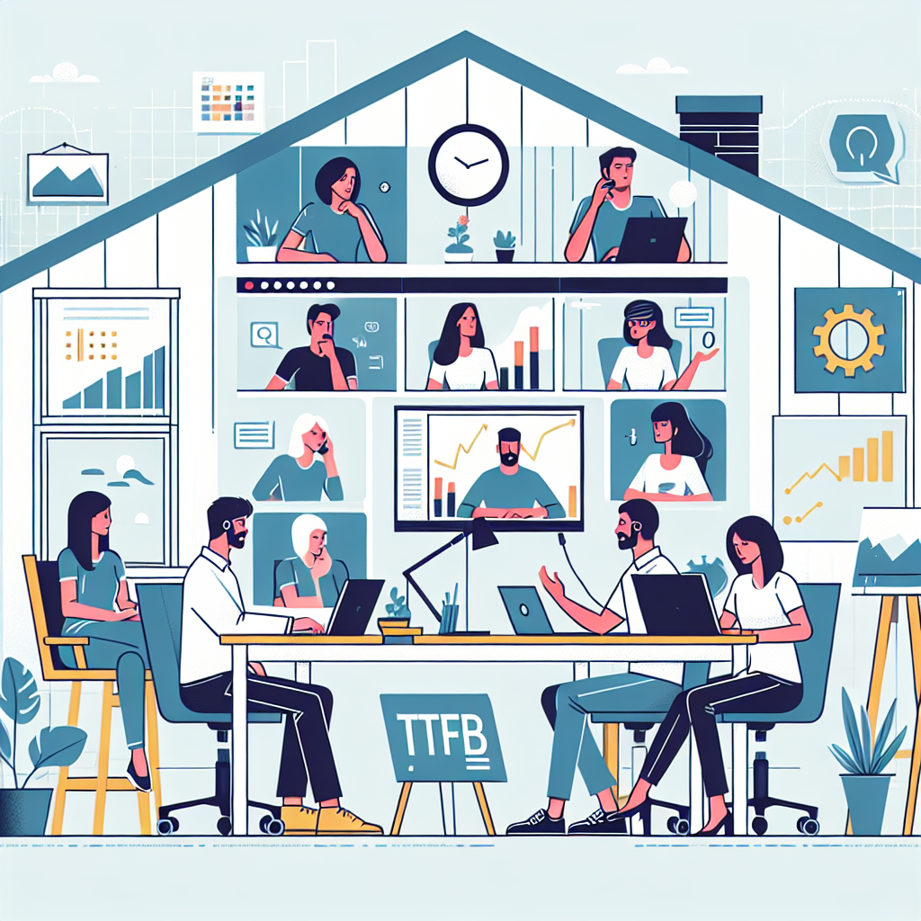 Illustration of Team on video call in a Home office setting, with a focused mood.