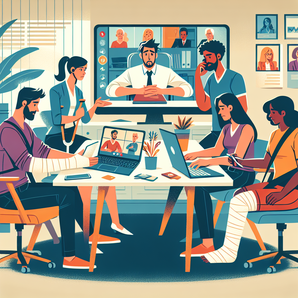 Illustration of Team on video call in a Home office setting, with a focused mood.