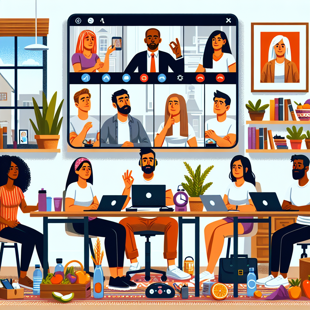 Illustration of Team on video call in a Home office setting, with a focused mood.