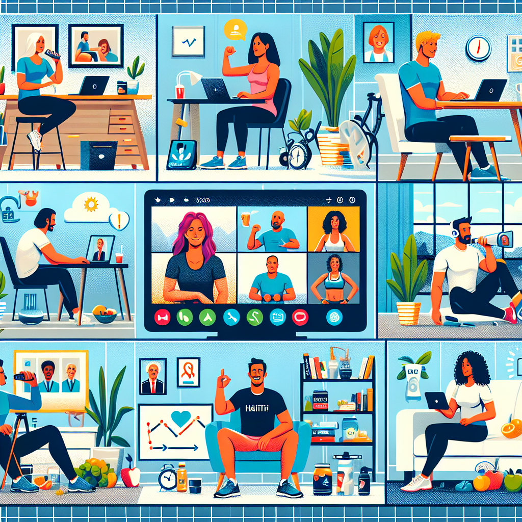 Illustration of Team on video call in a Home office setting, with a focused mood.