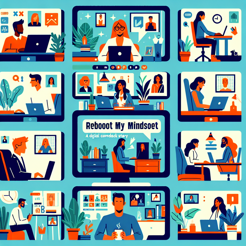 Illustration of Team on video call in a Home office setting, with a focused mood.