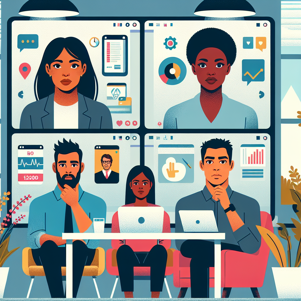 Illustration of Team on video call in a Home office setting, with a focused mood.