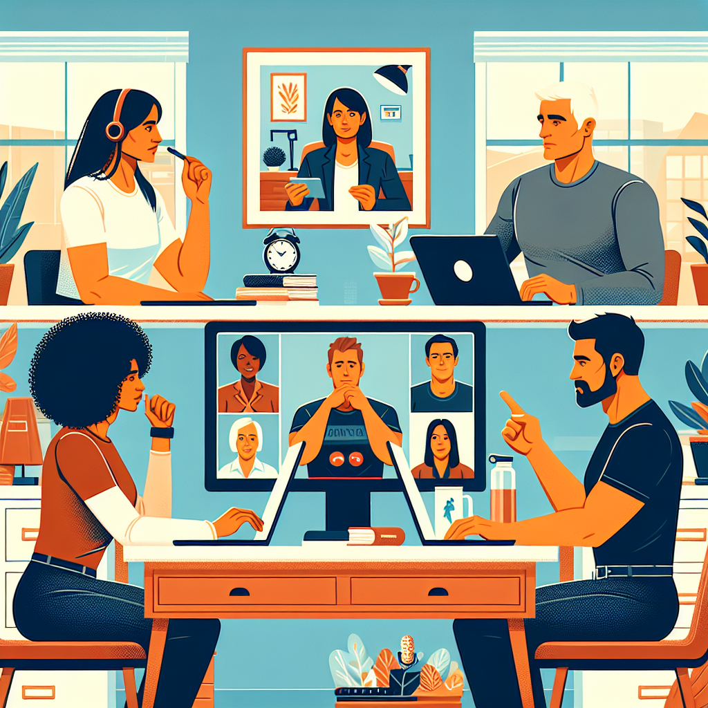 Illustration of Team on video call in a Home office setting, with a focused mood.