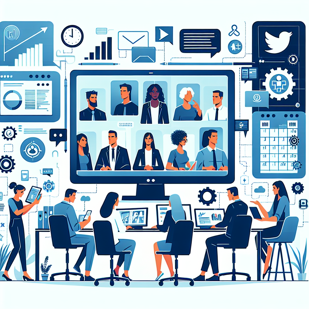 Illustration of Team on video call in a Home office setting, with a focused mood.