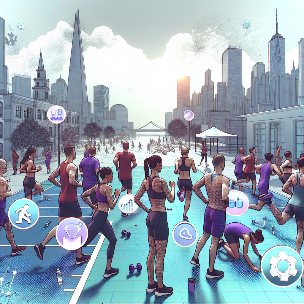 Illustration of Group fitness class in a Cityscape skyline setting, with a determined mood.