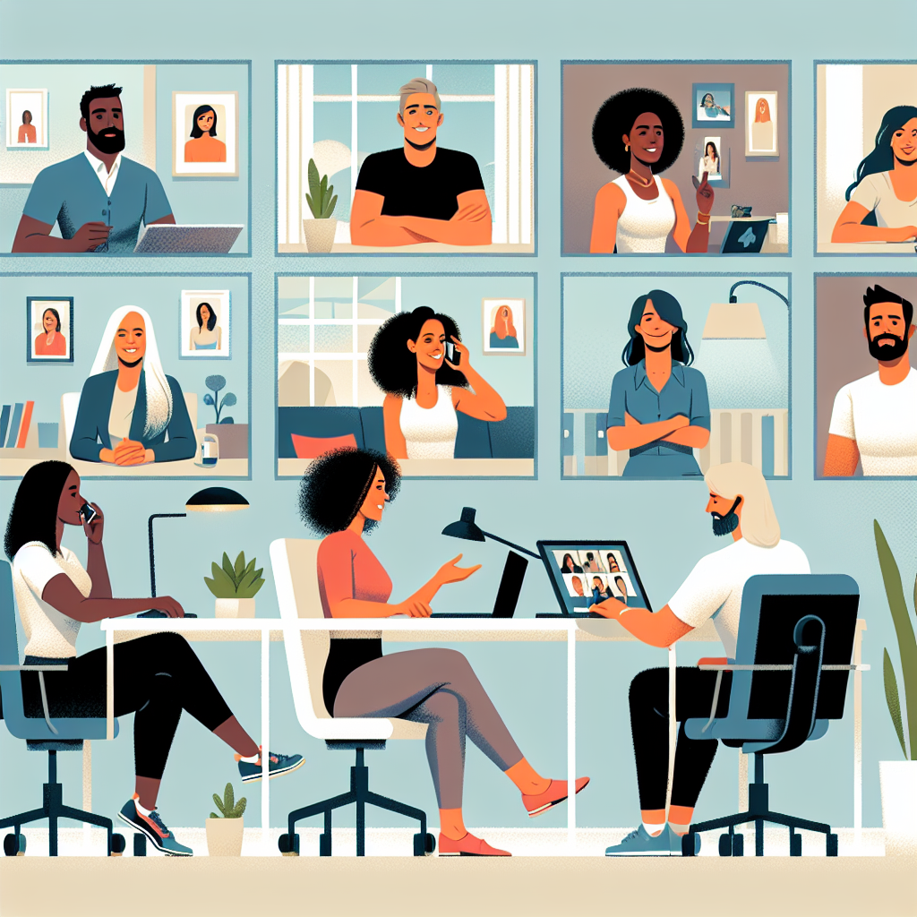 Illustration of Team on video call in a Home office setting, with a focused mood.