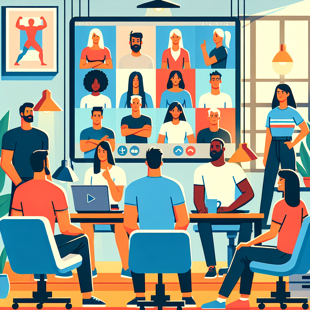 Illustration of Team on video call in a Home office setting, with a focused mood.